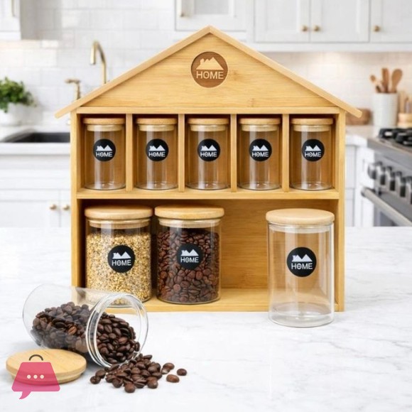 Home Bamboo Wooden House Shaped Glass Jars - 9 Piece