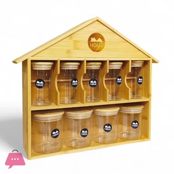 Home Bamboo Wooden House Shaped Glass Jars - 9 Piece