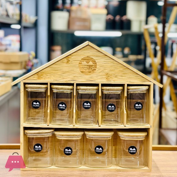 Home Bamboo Wooden House Shaped Glass Jars - 9 Piece