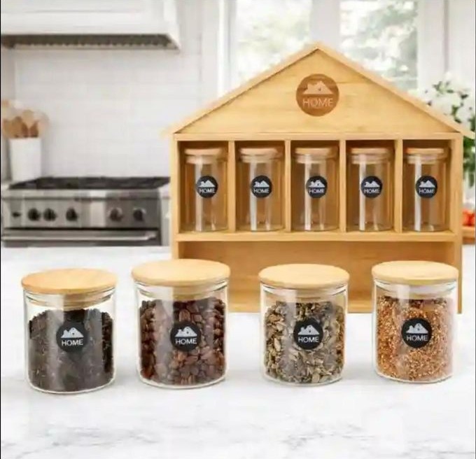 home-bamboo-wooden-house-shaped-glass-jars---9-piece