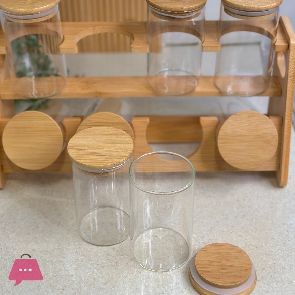 8Pcs Glass Jar Set with Wooden Lids and Stand