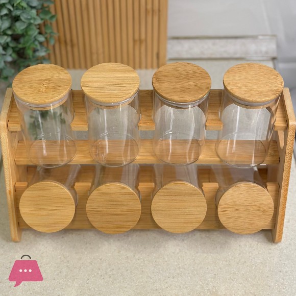 8Pcs Glass Jar Set with Wooden Lids and Stand