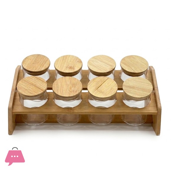 8Pcs Glass Jar Set with Wooden Lids and Stand