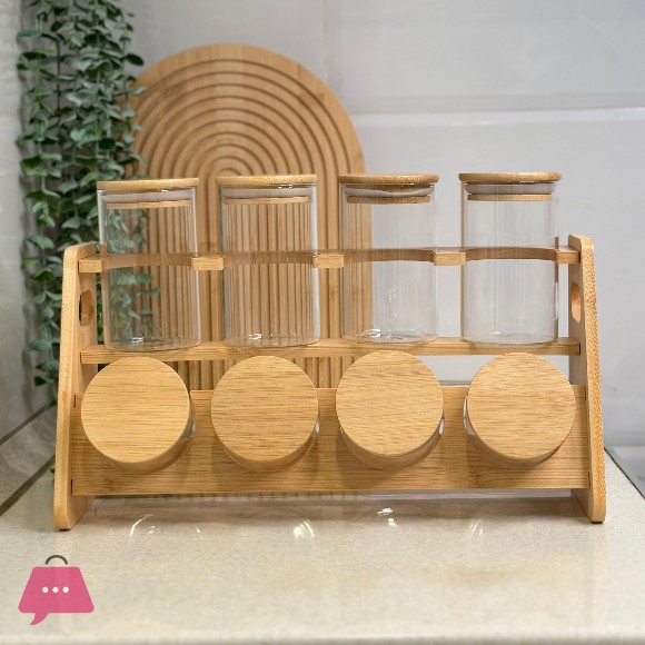 8Pcs Glass Jar Set with Wooden Lids and Stand