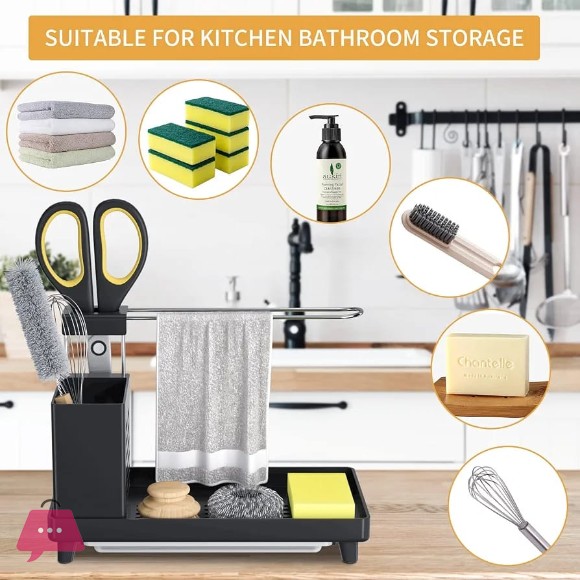 Kitchen Sink Organiser - Utensils Basket for Kitchen & Bathroom with Drip Tray, Adhesive Worktop Dual-Use Sponge Brush Soap Dish Holder, for Towels, Towels