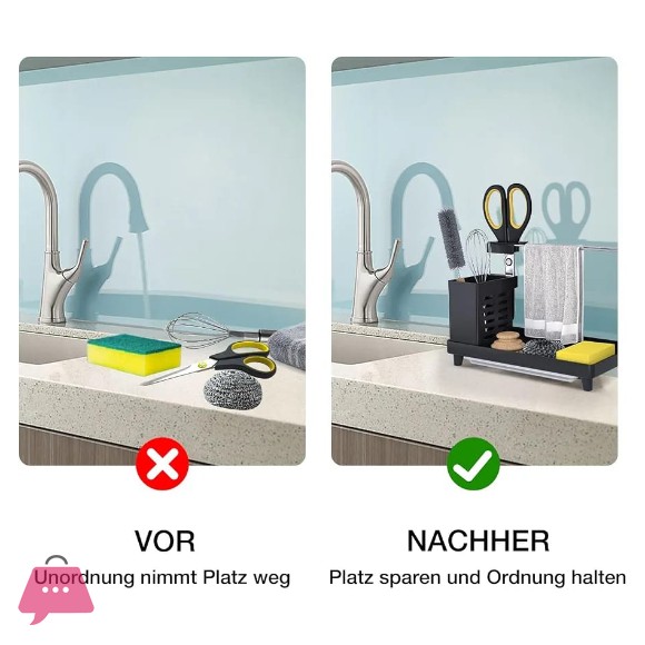Kitchen Sink Organiser - Utensils Basket for Kitchen & Bathroom with Drip Tray, Adhesive Worktop Dual-Use Sponge Brush Soap Dish Holder, for Towels, Towels