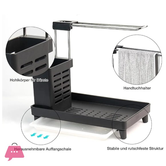 Kitchen Sink Organiser - Utensils Basket for Kitchen & Bathroom with Drip Tray, Adhesive Worktop Dual-Use Sponge Brush Soap Dish Holder, for Towels, Towels