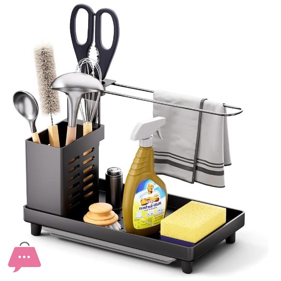 Kitchen Sink Organiser - Utensils Basket for Kitchen & Bathroom with Drip Tray, Adhesive Worktop Dual-Use Sponge Brush Soap Dish Holder, for Towels, Towels