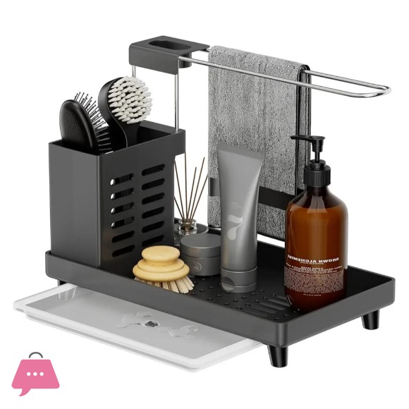 Kitchen Sink Organiser - Utensils Basket for Kitchen & Bathroom with Drip Tray, Adhesive Worktop Dual-Use Sponge Brush Soap Dish Holder, for Towels, Towels