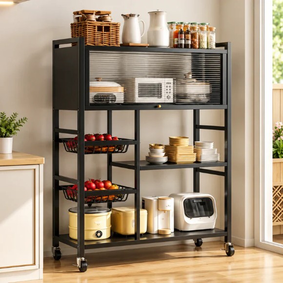 Kitchen Storage Rack With Cabinet, Kitchen Pantry Storage Shelf, Rolling Kitchen Storage Cabinet, Moveable Kitchen Microwave Storage Stand