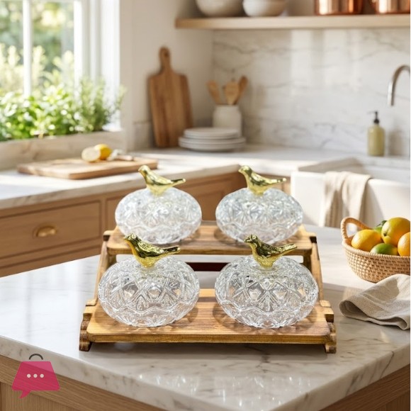 Bird 4-Piece Crystal Glass Candy Jars with 2 Tier Wooden Stand