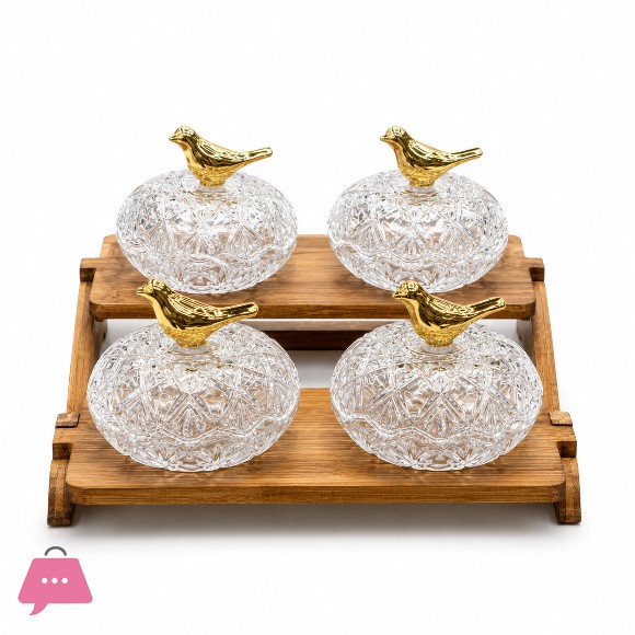 Bird 4-Piece Crystal Glass Candy Jars with 2 Tier Wooden Stand