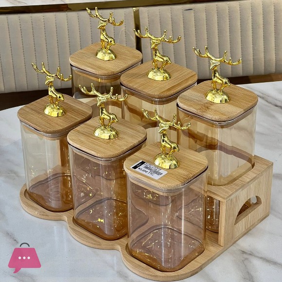 luxury Deer Top Bamboo Stand with Glass Spice Jars Set