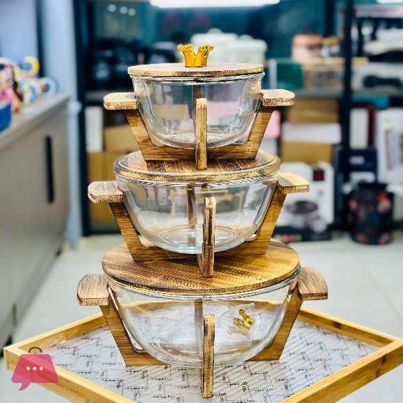 Luxury Glass Serving Dish with Bamboo Lid & Wooden Stand