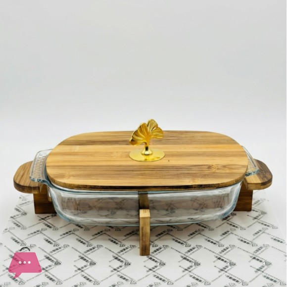 Luxury Glass Serving Dish with Bamboo Lid & Wooden Stand