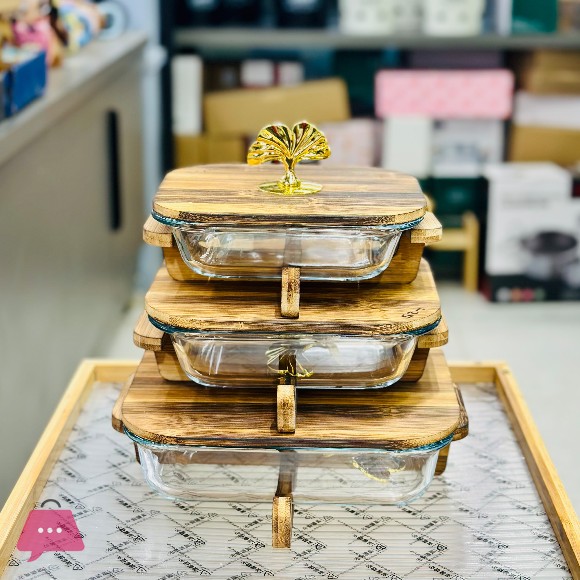 Luxury Glass Serving Dish with Bamboo Lid & Wooden Stand