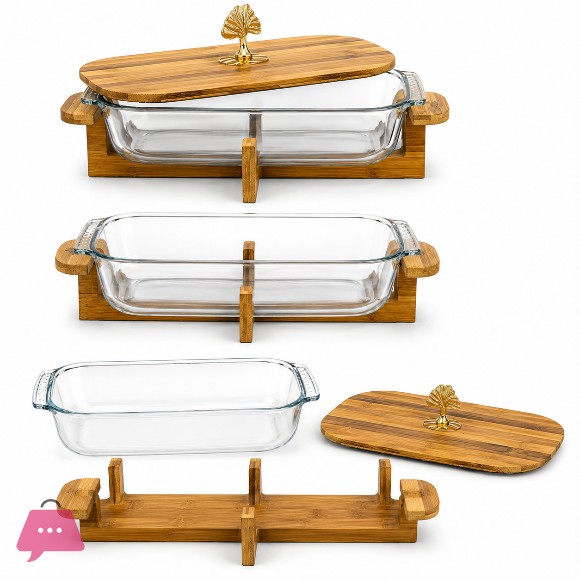 Luxury Glass Serving Dish with Bamboo Lid & Wooden Stand