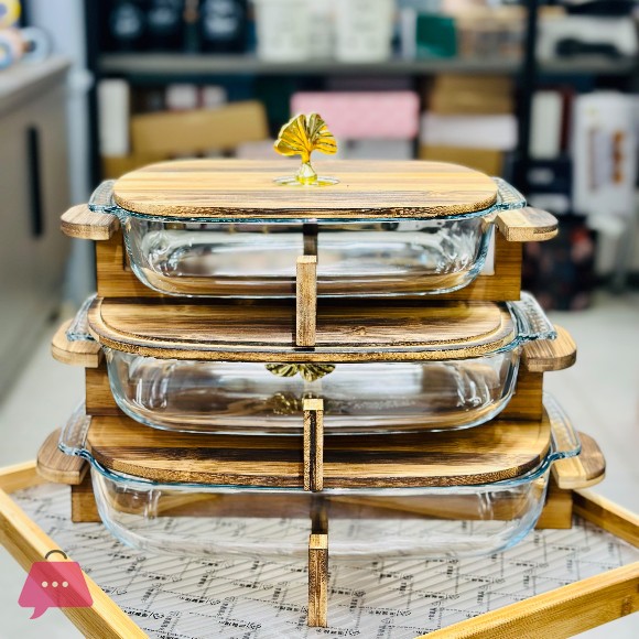 Luxury Glass Serving Dish with Bamboo Lid & Wooden Stand