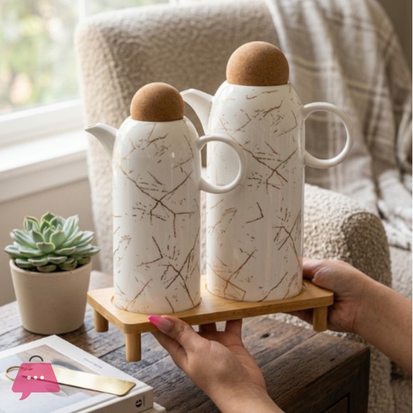 Marble Design Ceramic Wooden Lid and Bamboo Stand Oil Bottle