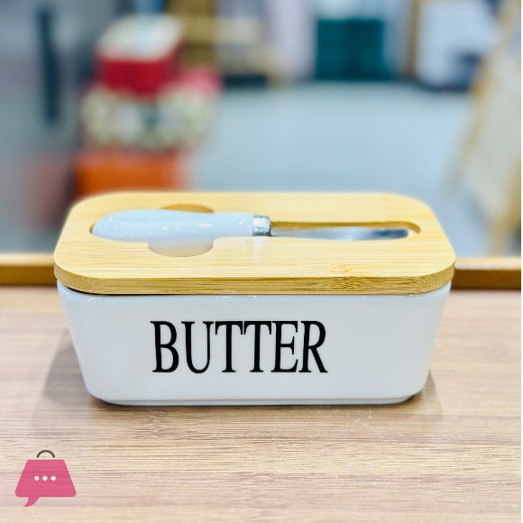 Porcelain Butter Dish with Butter Knife Wooden Butter Keeper Container with Knife and Silicone Sealing
