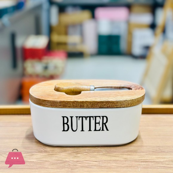Porcelain Butter Dish with Butter Knife Wooden Butter Keeper Container with Knife and Silicone Sealing