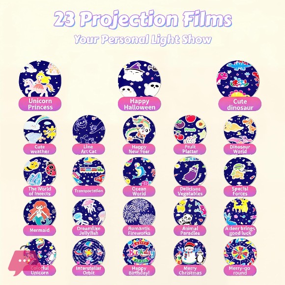 Princess Night Light for Kids - 360 Rotating Star Projector with 12 Music & 23 Films, Rechargeable