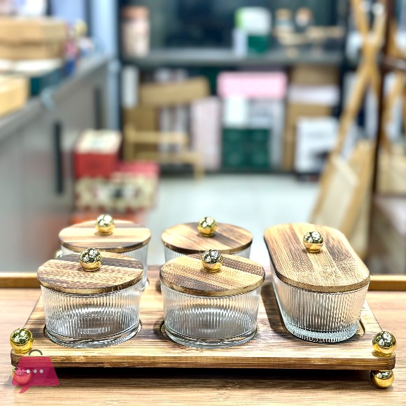 5-Piece Glass Jar Set with Lid and Bamboo Serving Set