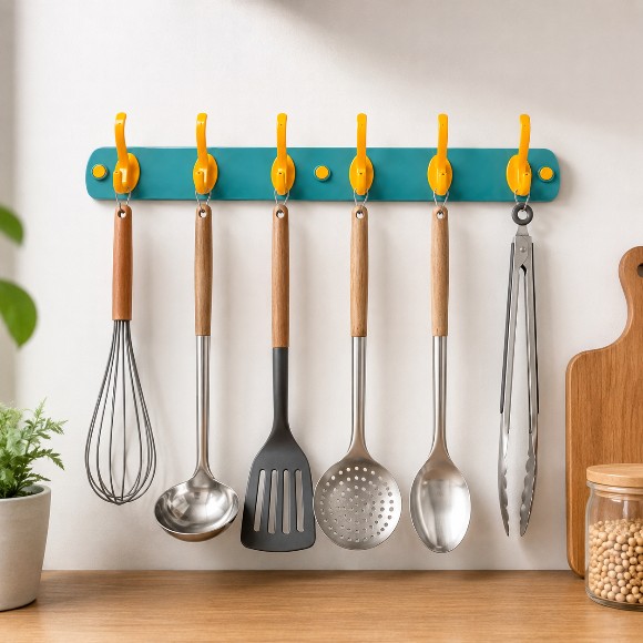 6 Hook Wall Mounted Kitchen Utensil Hanger Rack