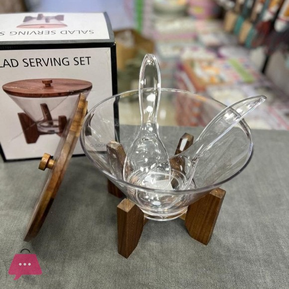 Salad Serving Bowl Set With Wooden Lid And Stand Clear Serving Bowl With Spoon And Fork