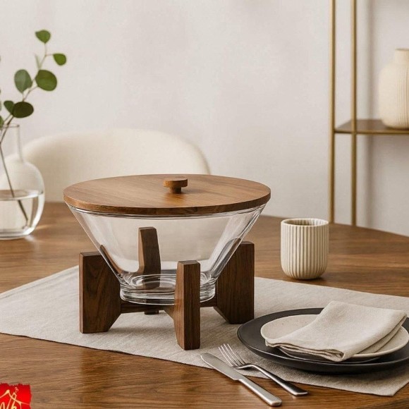 Salad Serving Bowl Set With Wooden Lid And Stand Clear Serving Bowl With Spoon And Fork