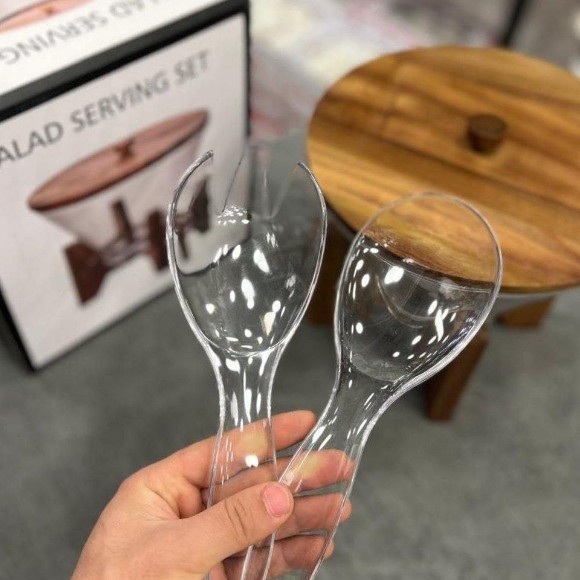 Salad Serving Bowl Set With Wooden Lid And Stand Clear Serving Bowl With Spoon And Fork