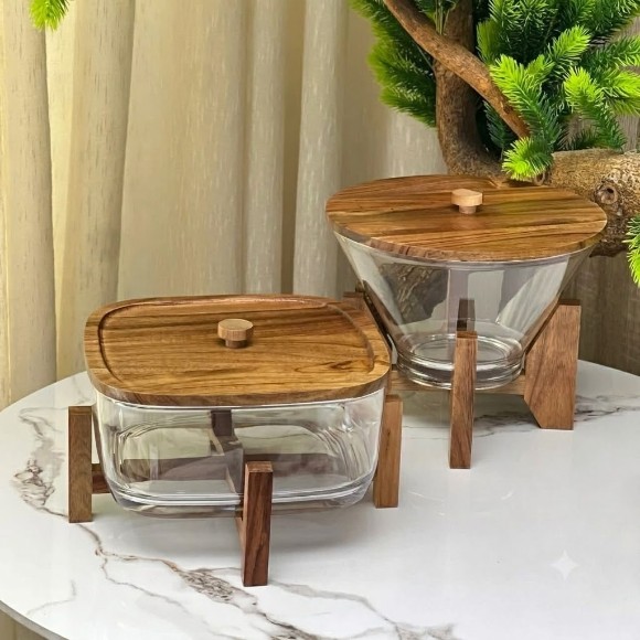 Salad Serving Bowl Set With Wooden Lid And Stand Clear Serving Bowl With Spoon And Fork