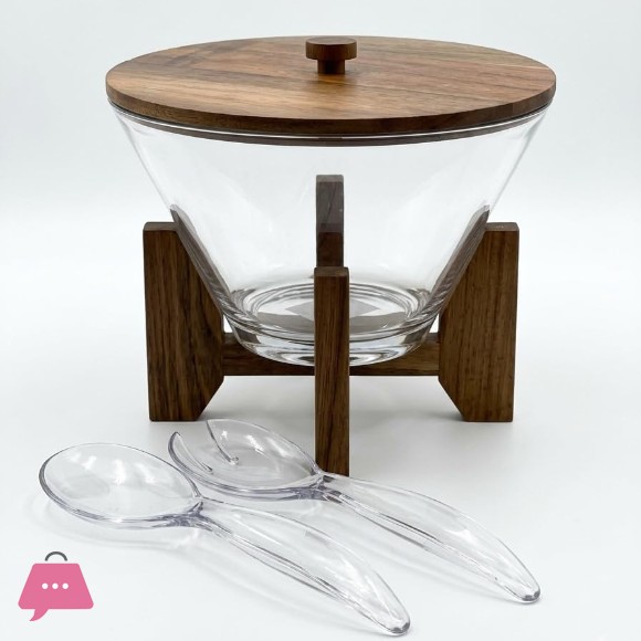 Salad Serving Bowl Set With Wooden Lid And Stand Clear Serving Bowl With Spoon And Fork
