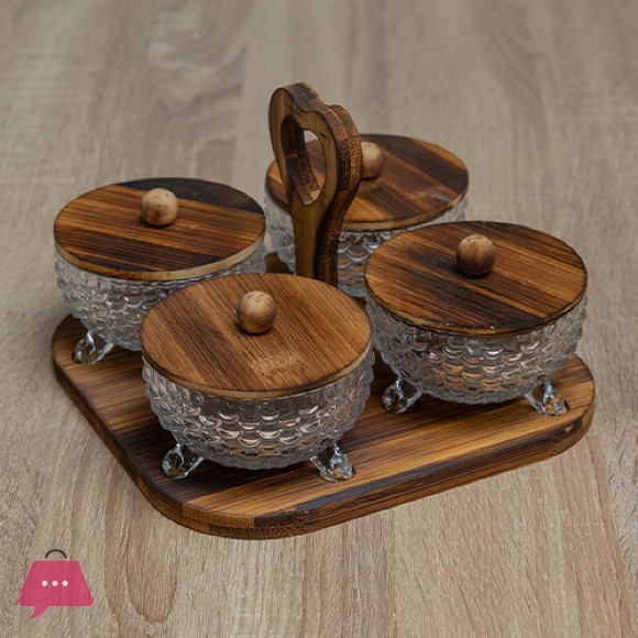 Set of 4 Glass Jars with Bamboo Lids and Decorative Tray