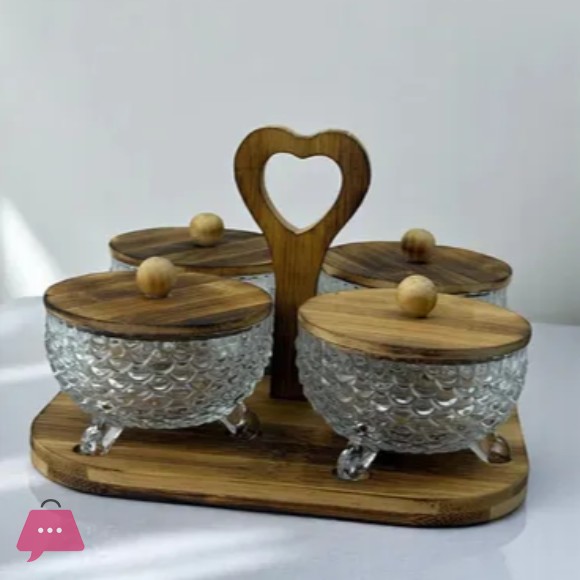 Set of 4 Glass Jars with Bamboo Lids and Decorative Tray
