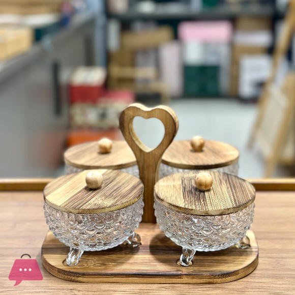 Set of 4 Glass Jars with Bamboo Lids and Decorative Tray