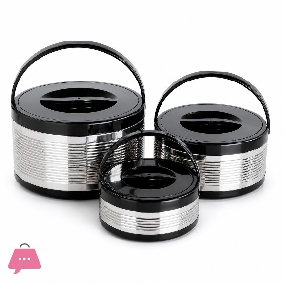 Stainless Steel Thermo Steel Casserole Warm Lunch Food Warmer Storage Lunch Box 3 Piece Set Cover- Silver/Black
