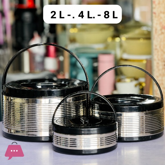 Stainless Steel Thermo Steel Casserole Warm Lunch Food Warmer Storage Lunch Box 3 Piece Set Cover- Silver/Black
