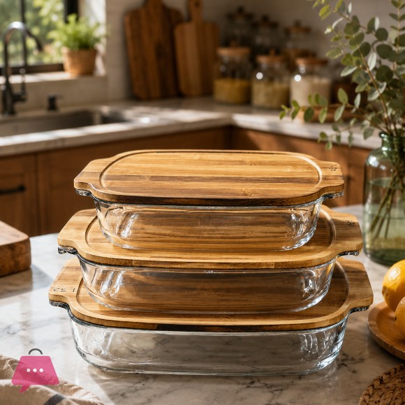 Walnut Wood Lid Glass Serving Dish – 3 Sizes