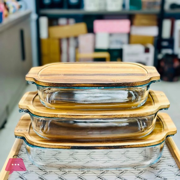 Walnut Wood Lid Glass Serving Dish – 3 Sizes