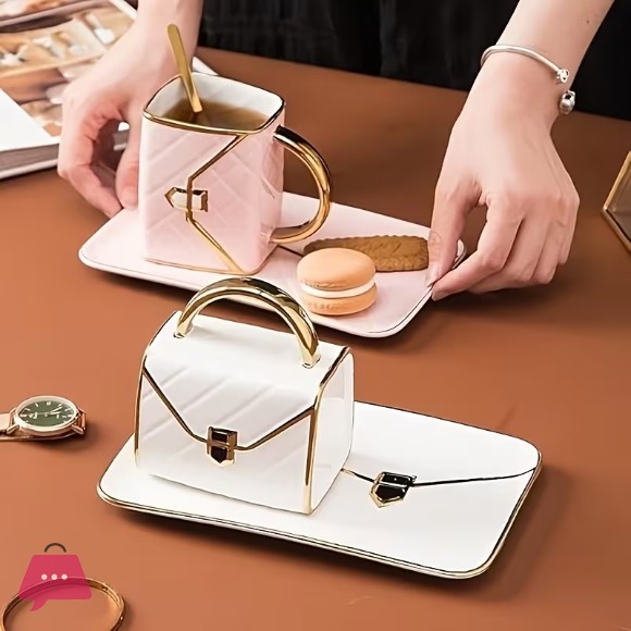 1, Bag-Shaped Dessert Ceramic Cup with Spoon and Saucer Set