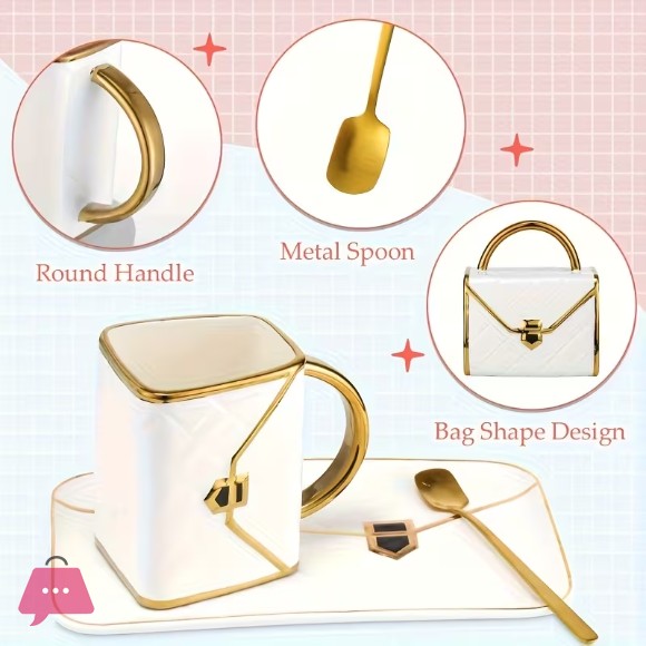1, Bag-Shaped Dessert Ceramic Cup with Spoon and Saucer Set