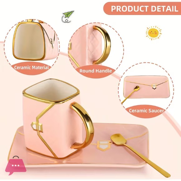 1, Bag-Shaped Dessert Ceramic Cup with Spoon and Saucer Set