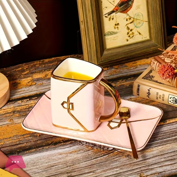 1, Bag-Shaped Dessert Ceramic Cup with Spoon and Saucer Set
