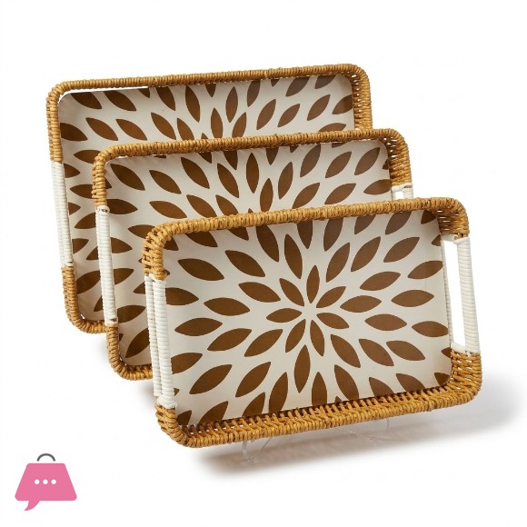 3 - Pieces Woven Rectangular Rattan Serving Tray Decorative Woven Wicker Trays