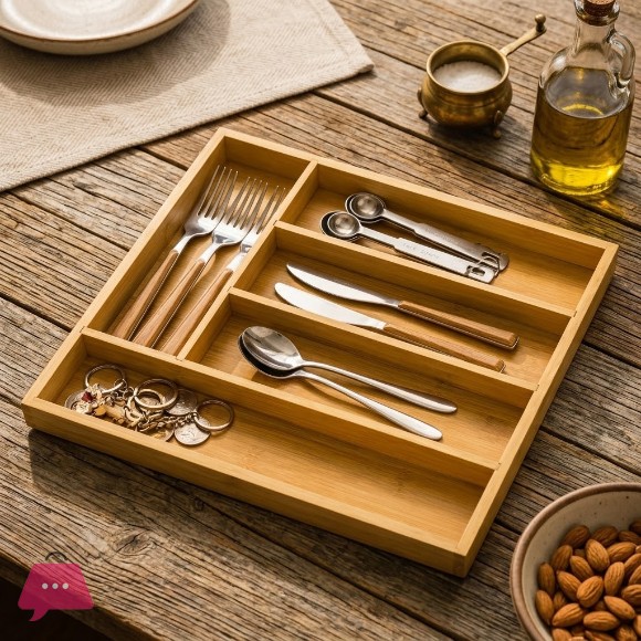 4 Grid Wooden Cutlery Organizer