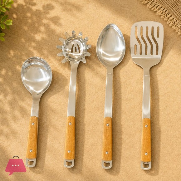 4 Pcs Stainless Steel Cooking Spoon Set Wooden Handle - High Quality