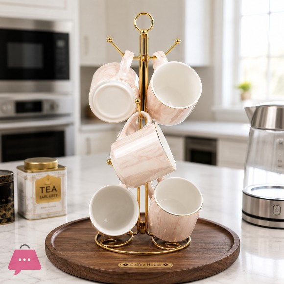 6 Cups & 6 Saucers Ceramic Tea Set with Gold Metal Stand