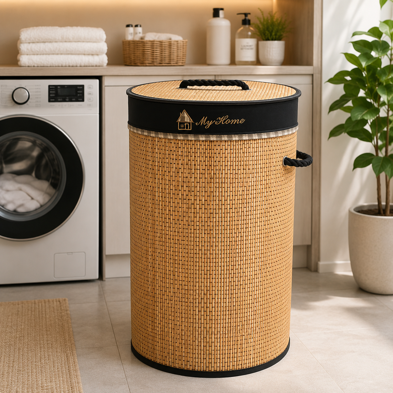 Light Brown Bamboo Round Laundry Basket with Lid