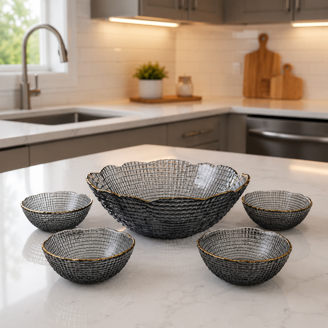 Blush Crystal Elegance Glass Bowl Set – 7 Pieces